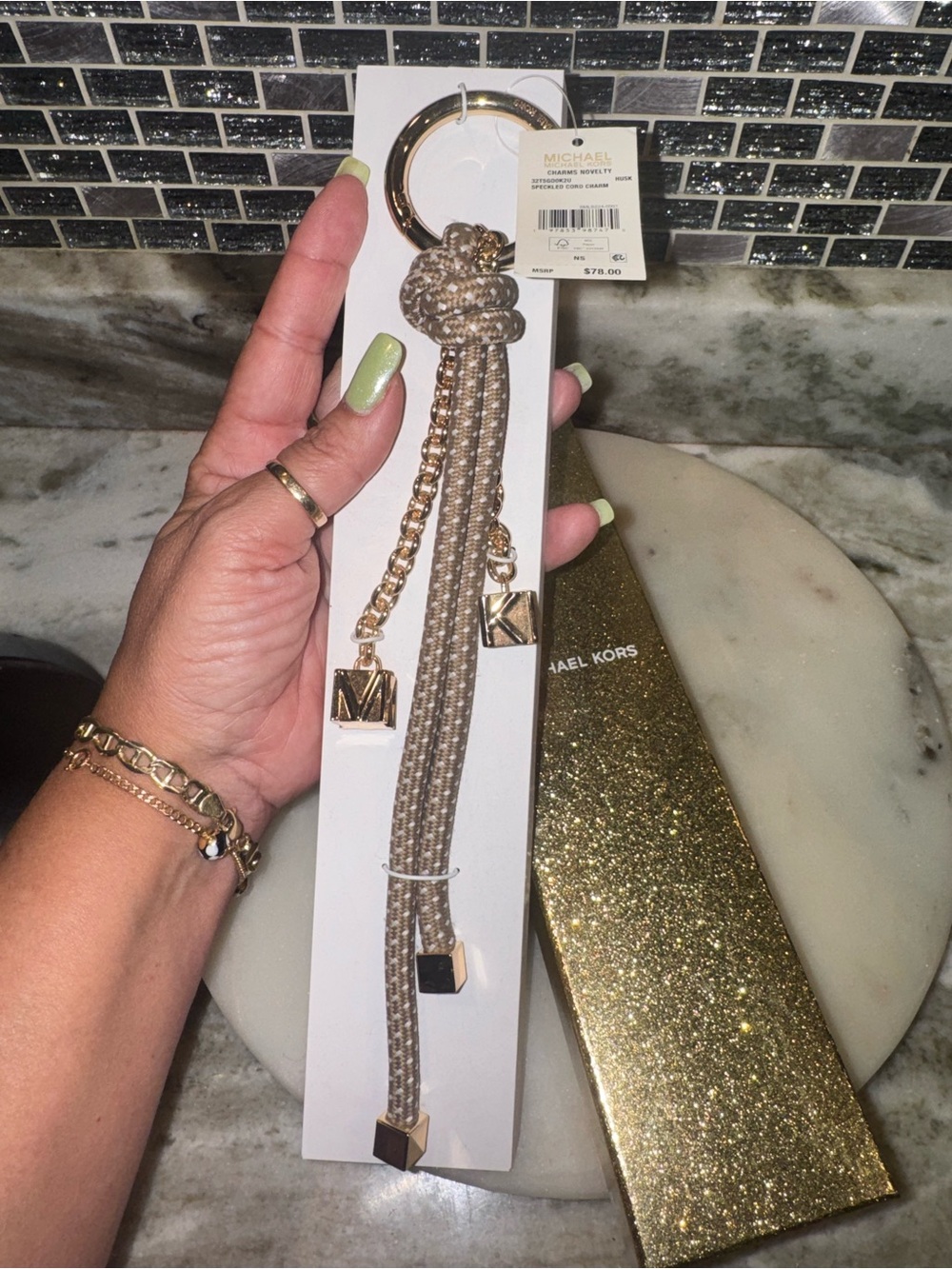 NWT Michael Kors Gold and Taupe Tassel Bag Charm - LARGE in Size & RARE Piece